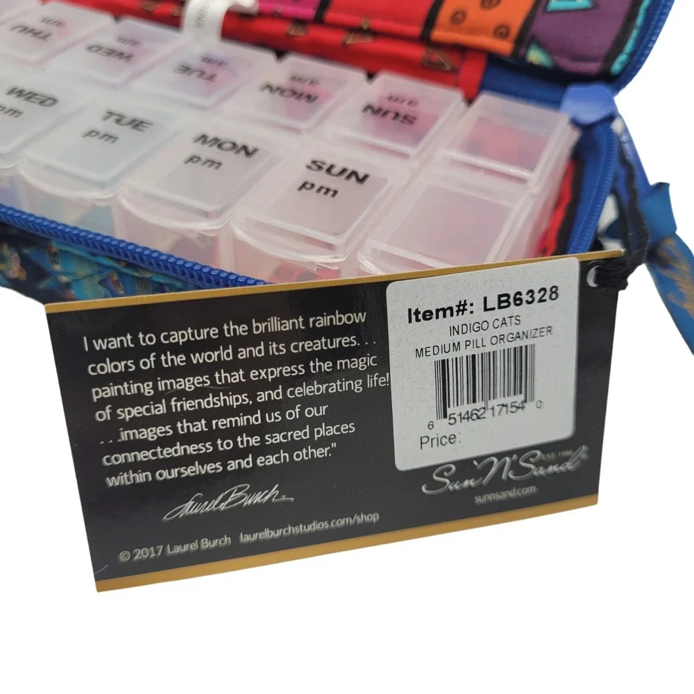 Laurel Burch 7-Day Pill Organizer– Indigo Cats Design Travel Pill Box Multicolor